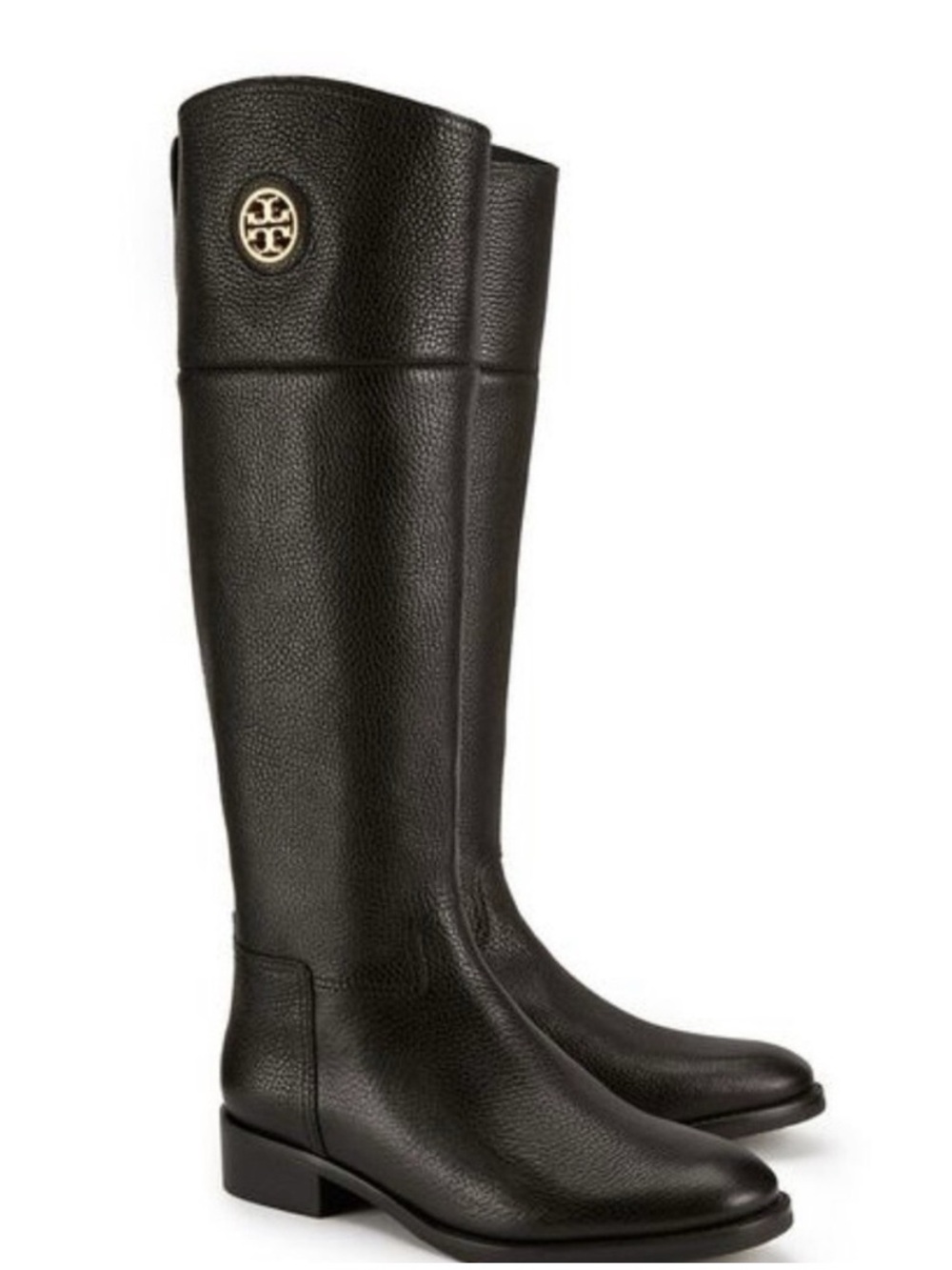 Tory Burch Junction Black Pebbled Leather Tall Riding Boots Gold Size 7